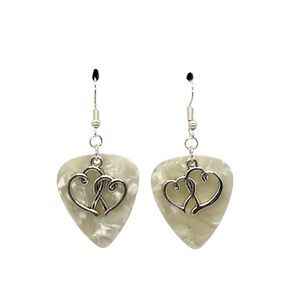 Double Heart Charm Guitar Pick Earrings - Choose Color - Handmade in USA